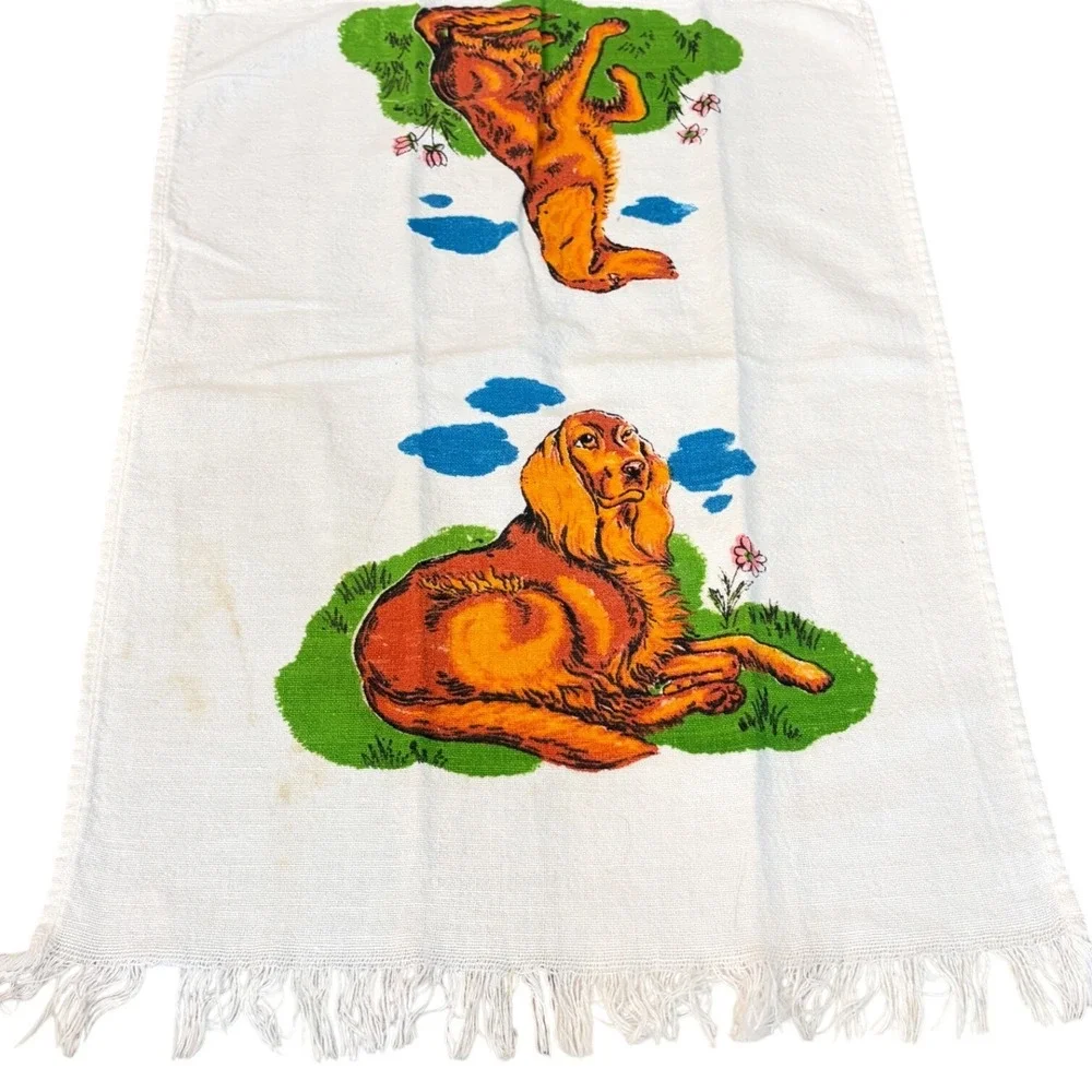 Vintage Golden Retriever Irish Setter Dog Tea Towel Fringed White Kitchen Linen